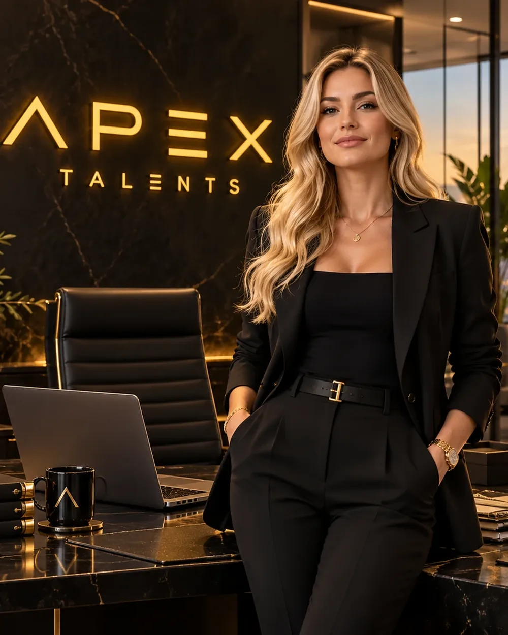 Directrice d'équipe debout dans son bureau devant le mur Apex Talents