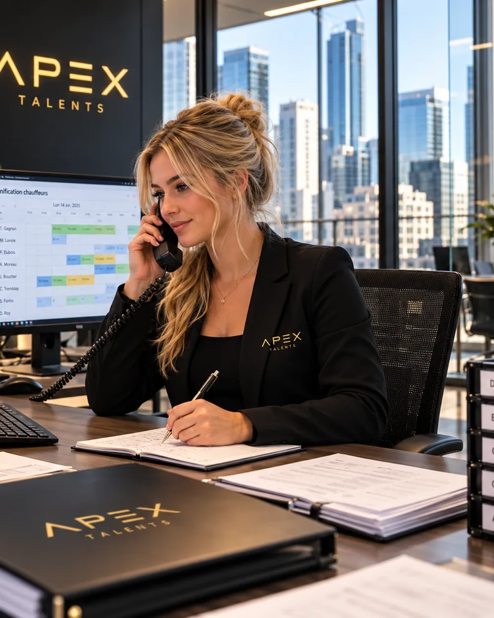 Conseillère en ressources humaines en blazer Apex Talents au téléphone à son bureau