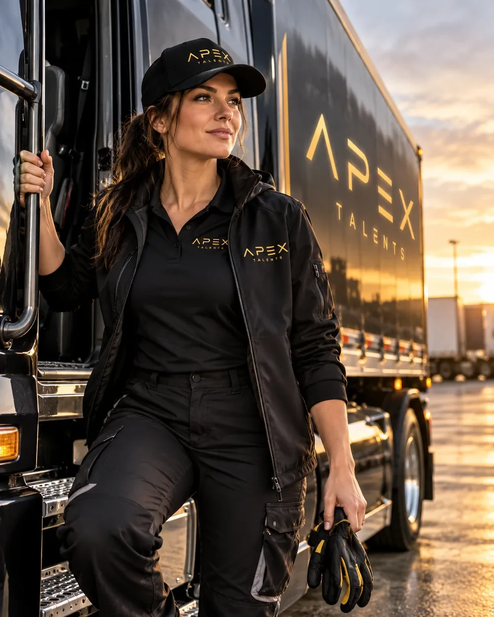 Conductrice de camion en casquette Apex Talents devant son véhicule au coucher du soleil